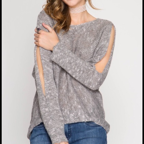 She and Sky Sweaters - Grey 3/4 Open Sleeve Sweater.